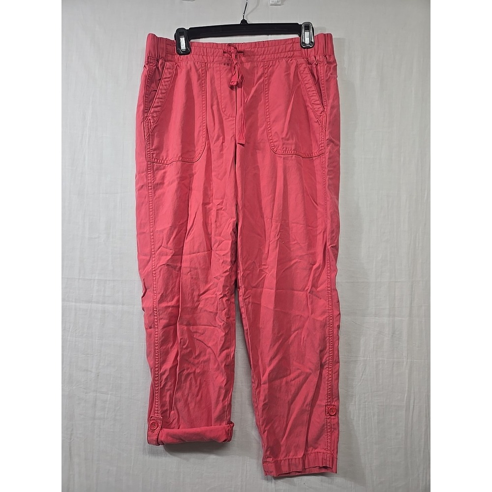 Talbots Pants Women's 6 Pink Coral Cropped Roll Tab Elastic Waist Pull On